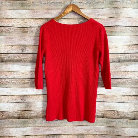 Neiman Marcus The Cashmere Collection Ribbed Red V Neck 3/4 Sleeve Sweater Sz M