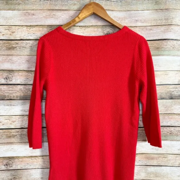 Neiman Marcus The Cashmere Collection Ribbed Red V Neck 3/4 Sleeve Sweater Sz M