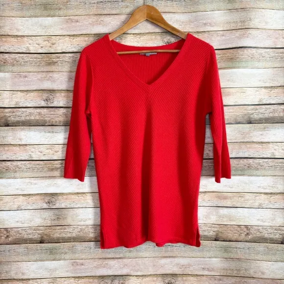Neiman Marcus The Cashmere Collection Ribbed Red V Neck 3/4 Sleeve Sweater Sz M