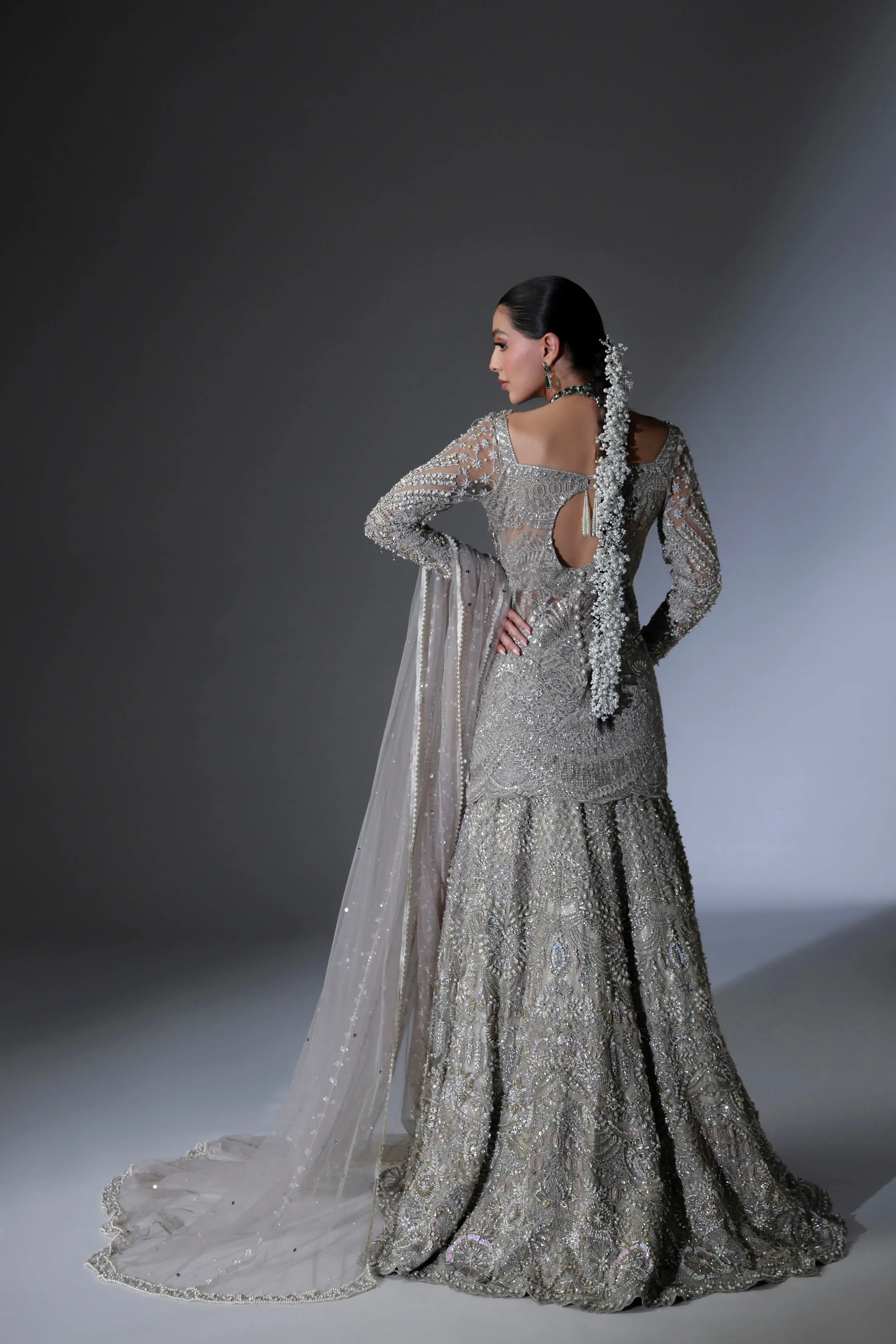 Net Pakistani Bridal Dress in Grey Lehenga Shirt Style
