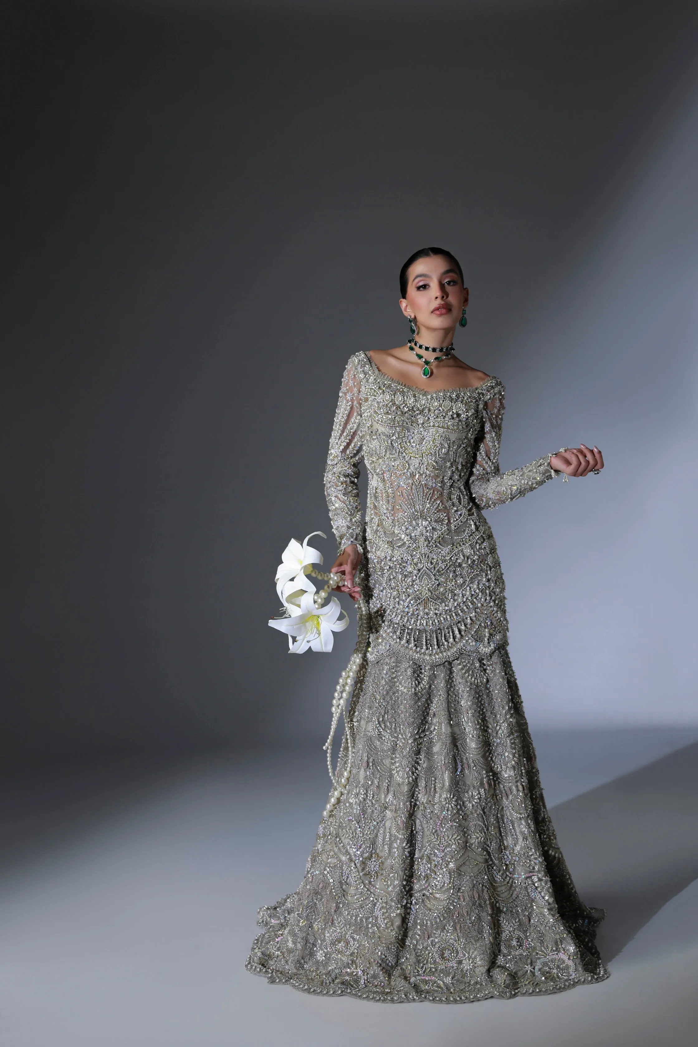 Net Pakistani Bridal Dress in Grey Lehenga Shirt Style