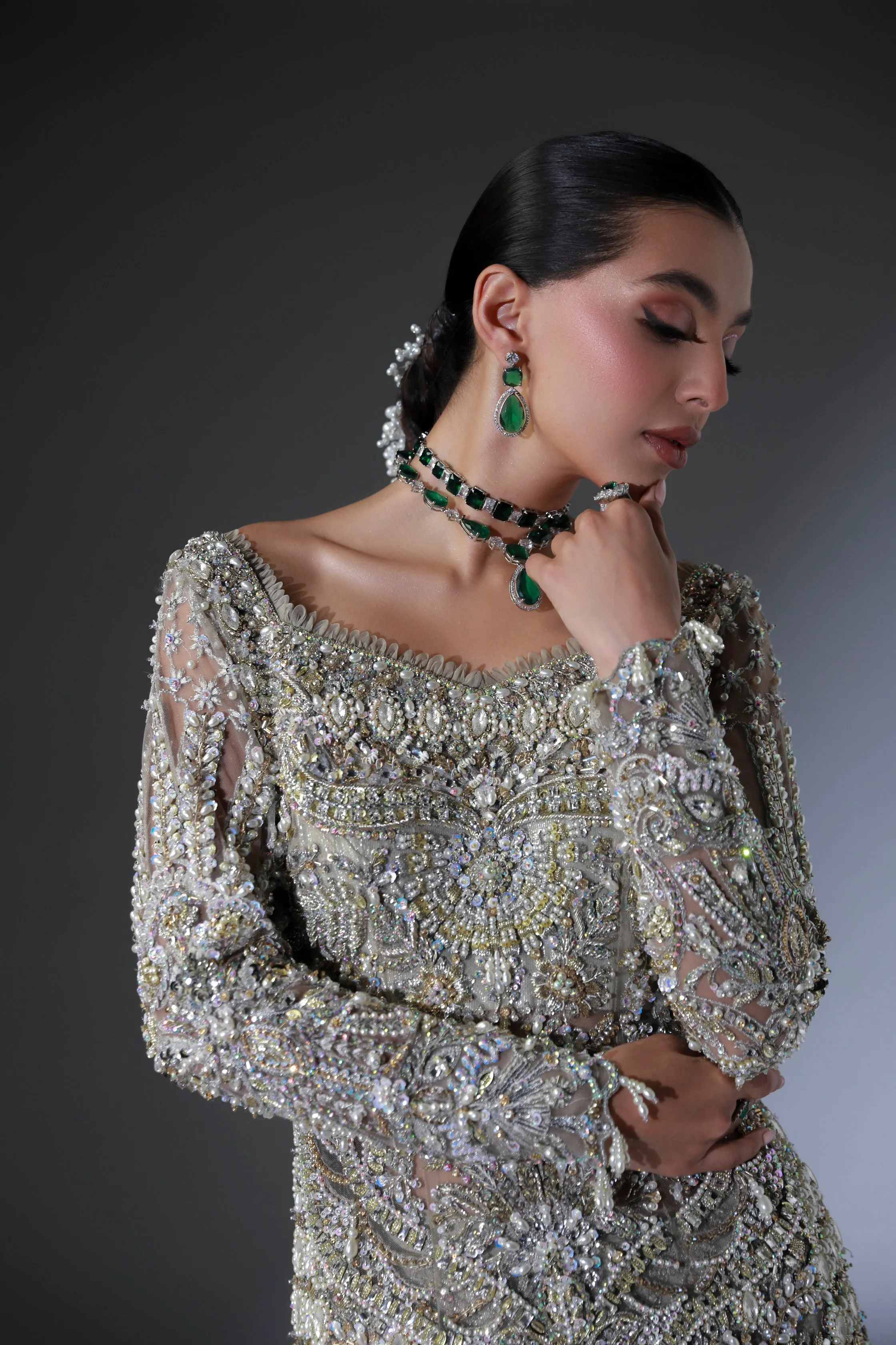 Net Pakistani Bridal Dress in Grey Lehenga Shirt Style