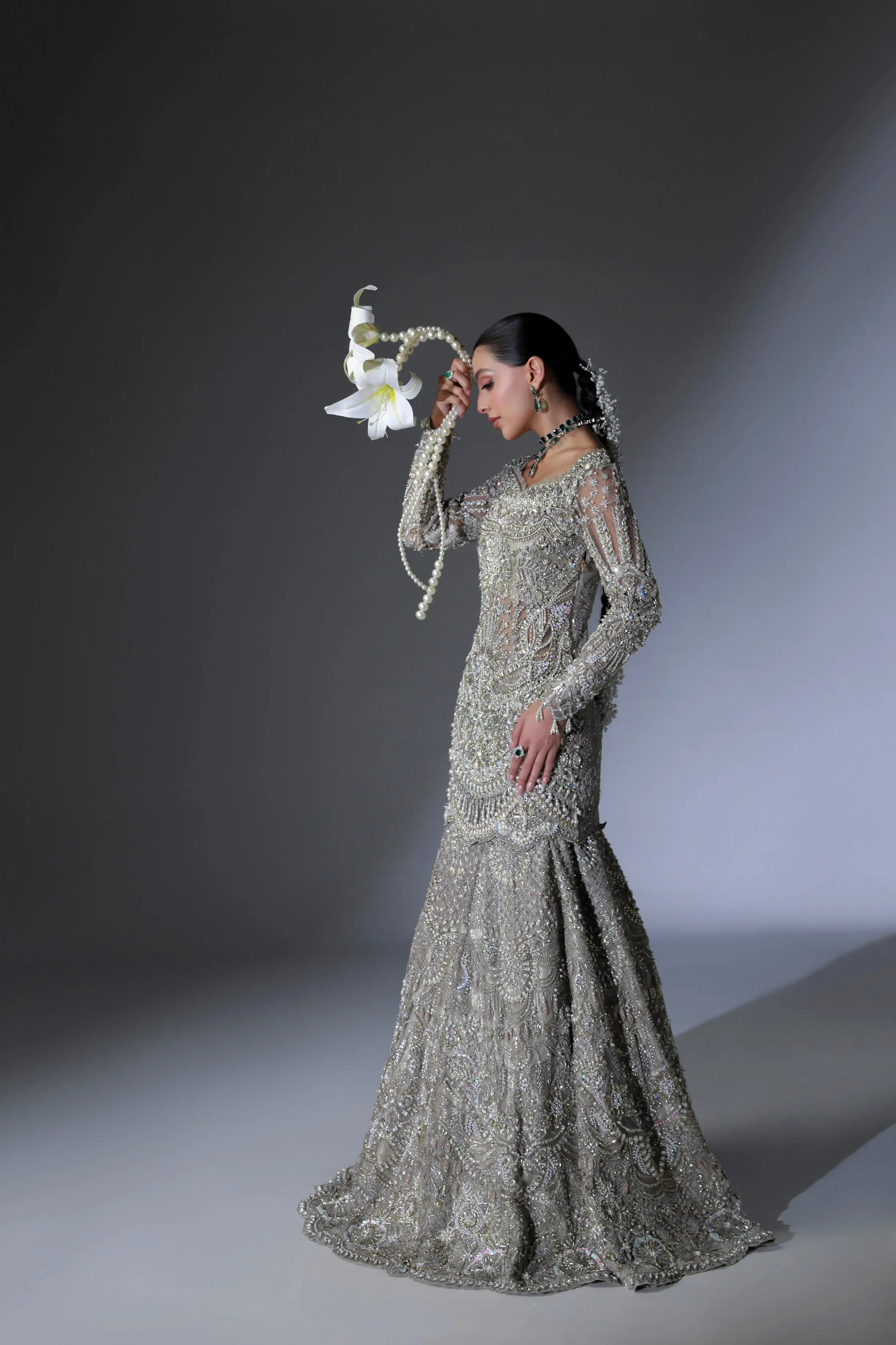 Net Pakistani Bridal Dress in Grey Lehenga Shirt Style