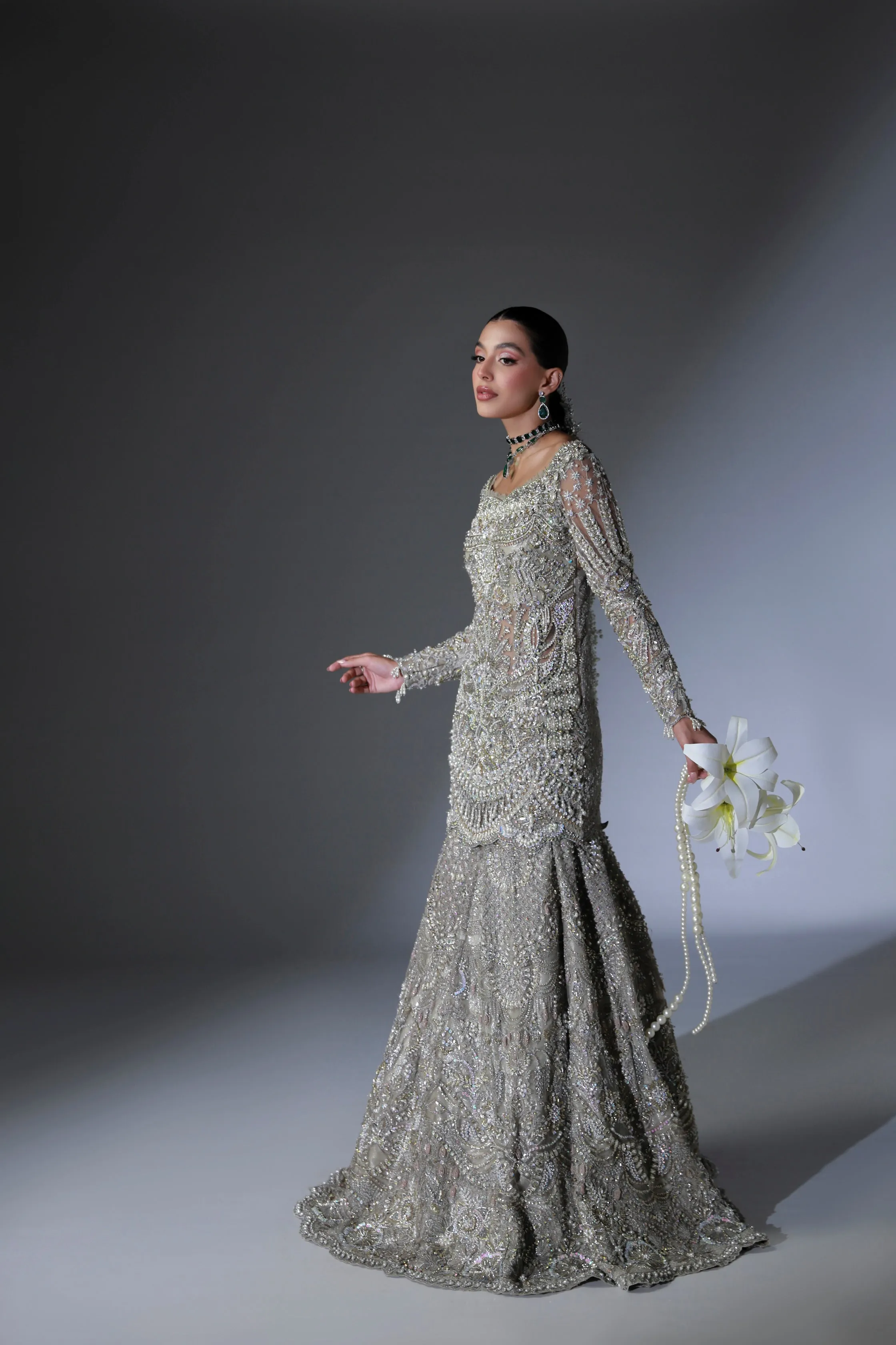 Net Pakistani Bridal Dress in Grey Lehenga Shirt Style