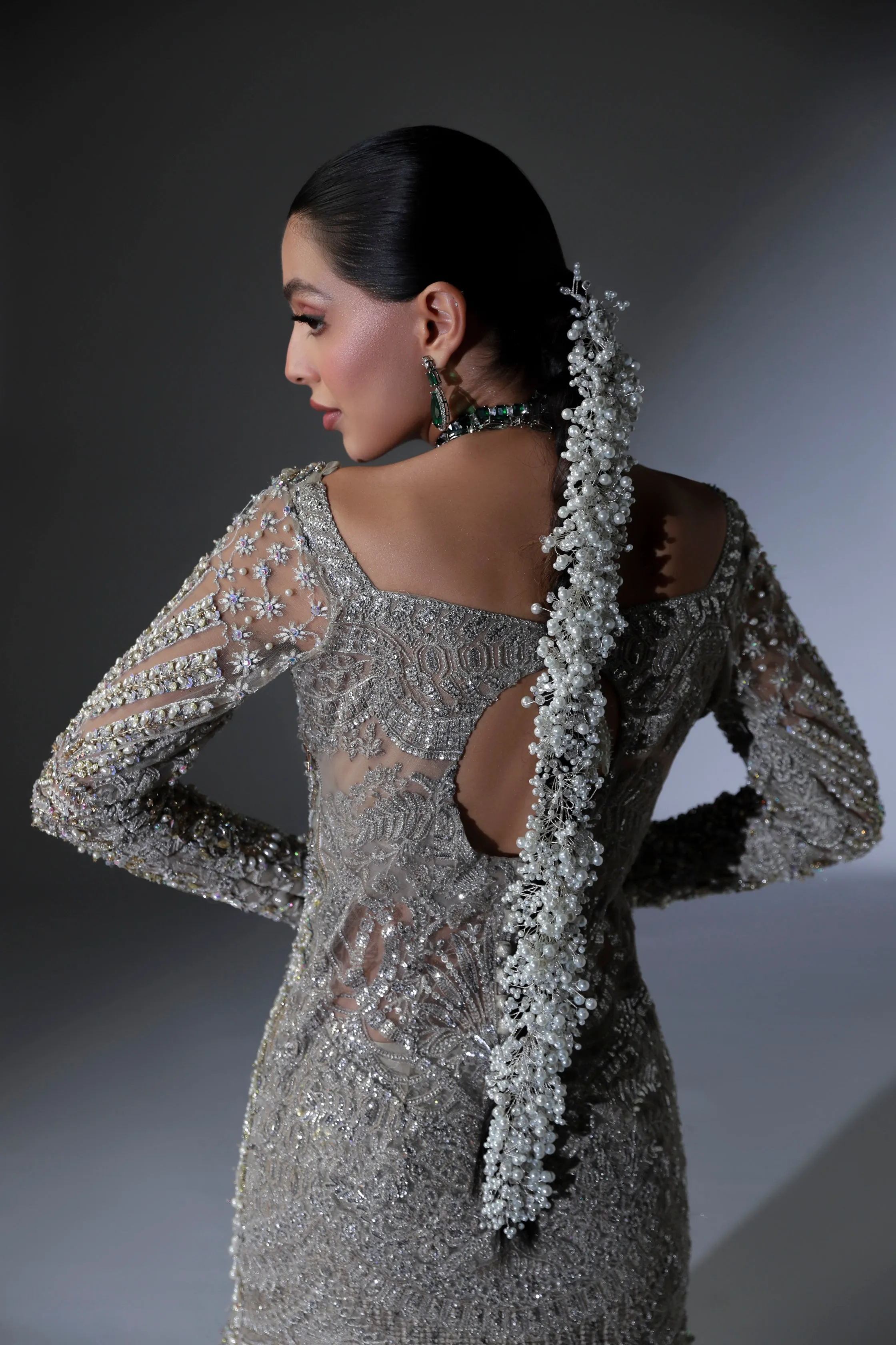 Net Pakistani Bridal Dress in Grey Lehenga Shirt Style