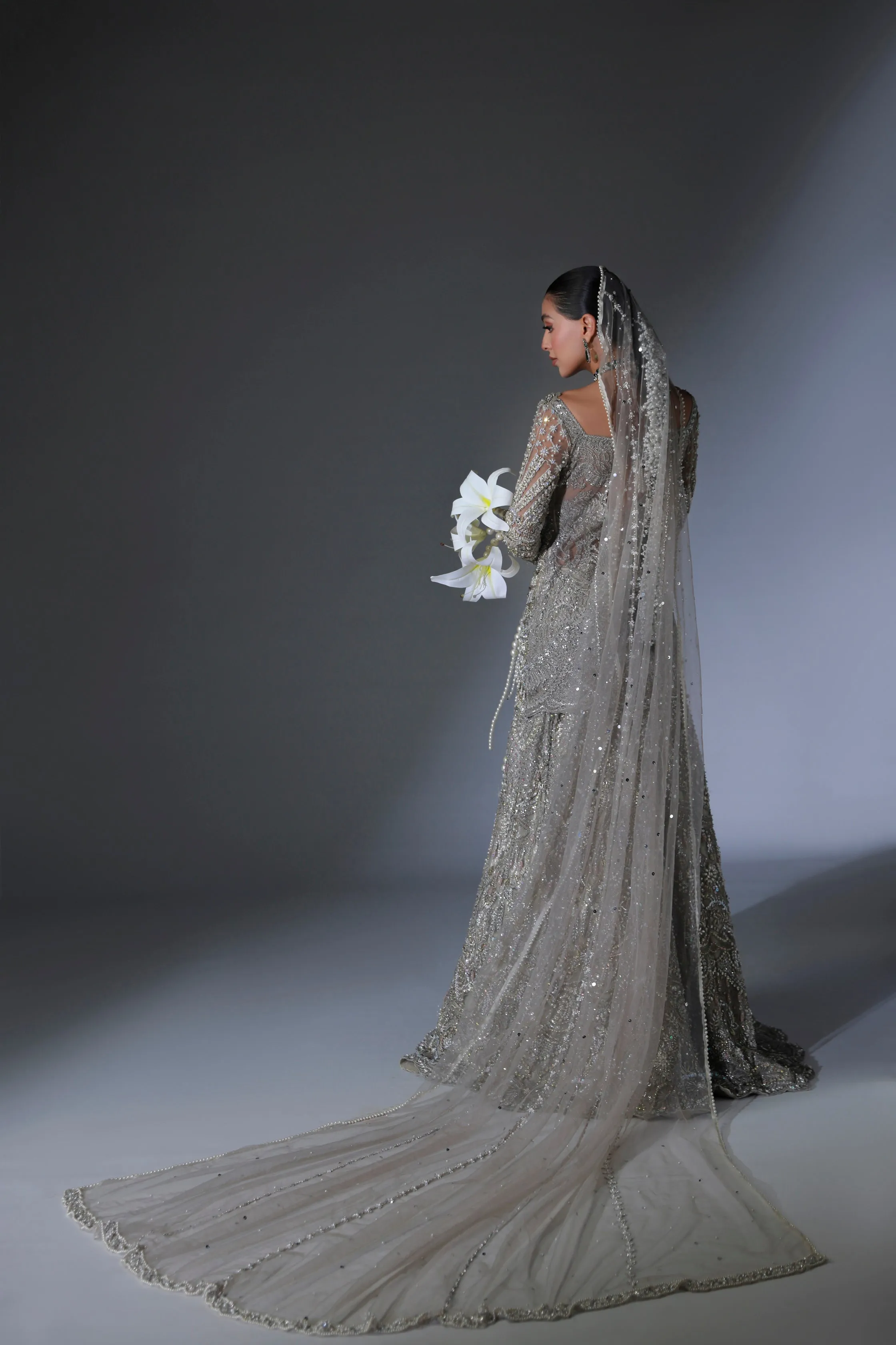 Net Pakistani Bridal Dress in Grey Lehenga Shirt Style