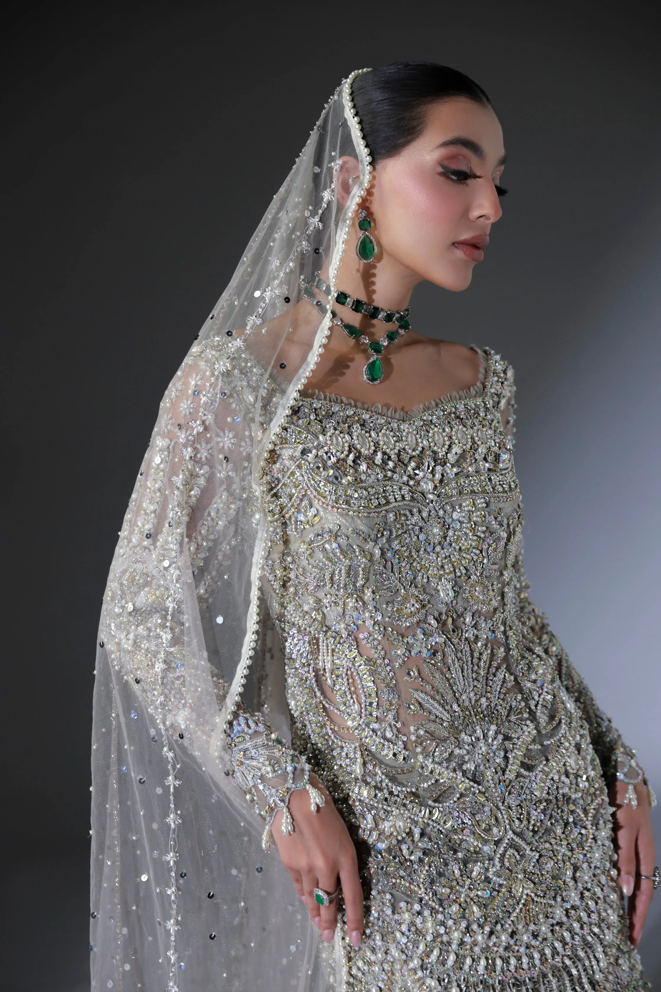 Net Pakistani Bridal Dress in Grey Lehenga Shirt Style