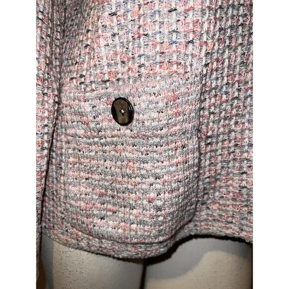 New $119 J. JILL Sweater Size L Grey Pink Tweed Textured LS Blazer Cardigan NWT