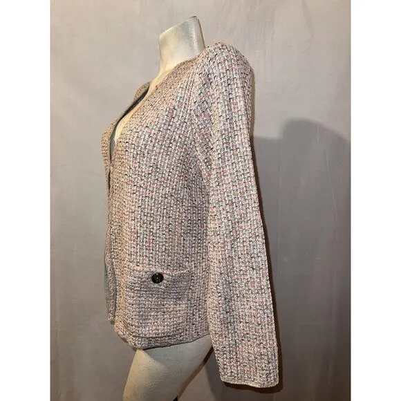 New $119 J. JILL Sweater Size L Grey Pink Tweed Textured LS Blazer Cardigan NWT