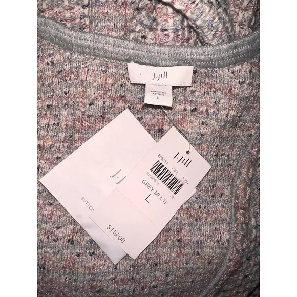 New $119 J. JILL Sweater Size L Grey Pink Tweed Textured LS Blazer Cardigan NWT