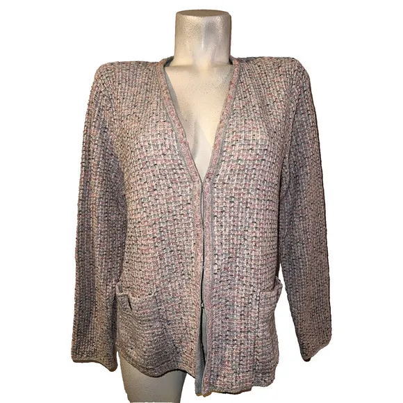New $119 J. JILL Sweater Size L Grey Pink Tweed Textured LS Blazer Cardigan NWT
