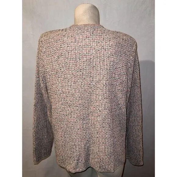New $119 J. JILL Sweater Size L Grey Pink Tweed Textured LS Blazer Cardigan NWT