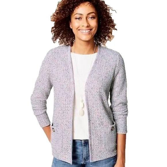 New $119 J. JILL Sweater Size L Grey Pink Tweed Textured LS Blazer Cardigan NWT