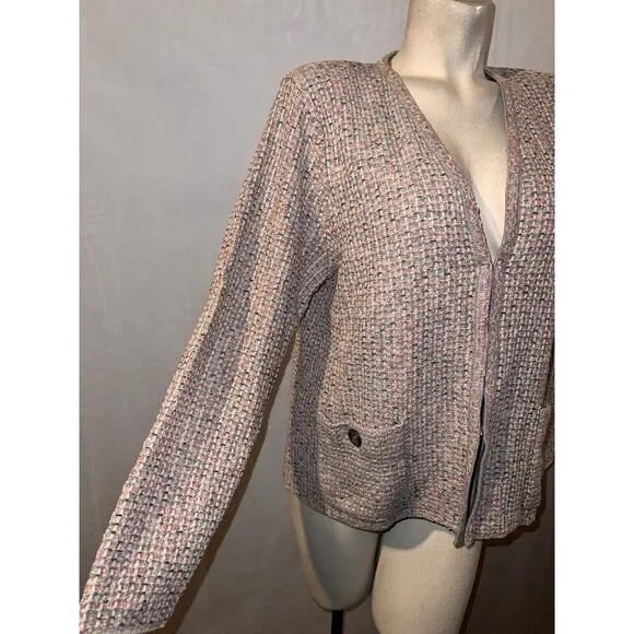 New $119 J. JILL Sweater Size L Grey Pink Tweed Textured LS Blazer Cardigan NWT