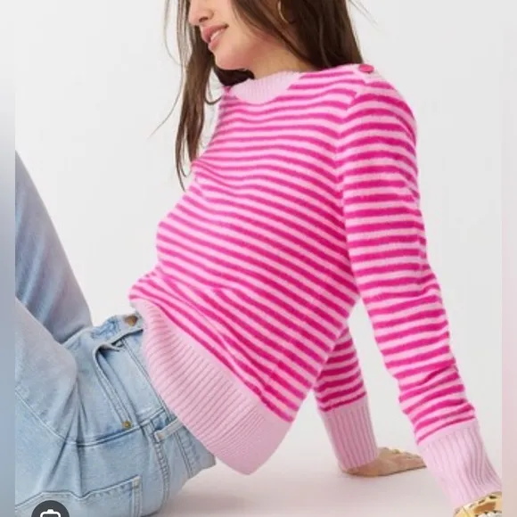 New Jcrew Cashmere stripe crewneck sweater with shoulder buttons