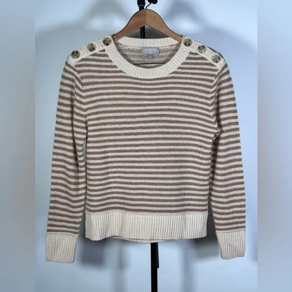 New Jcrew Cashmere stripe crewneck sweater with shoulder buttons
