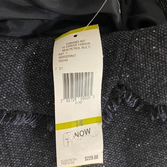 New Jones New York Size 14 Wool Blend Charcoal Blazer Tweed Ruffle Career NWT
