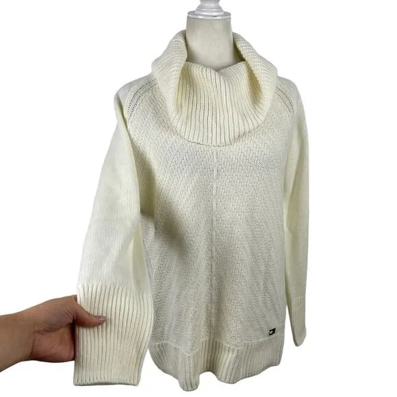 New Tommy Hilfiger Womens Chevron Knit Cowl-Neck Pullover Sweater Ivory Medium