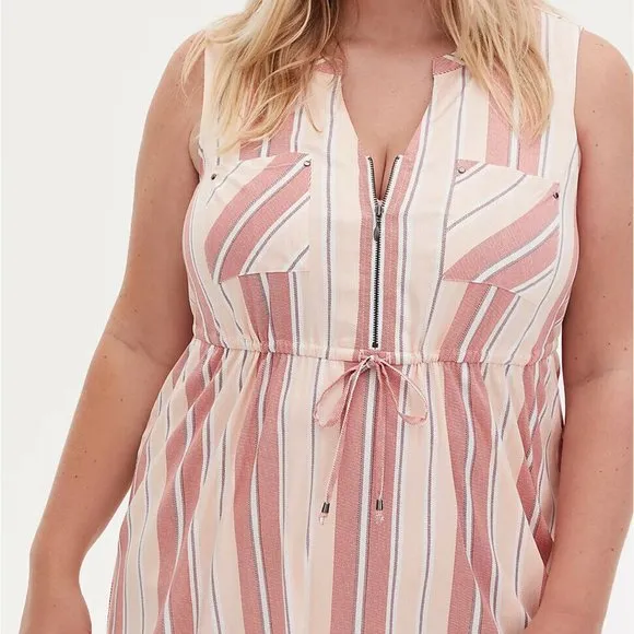 New Torrid Red &amp; Ivory Stripe Challis Zip Front Drawstring Shirt Dress
