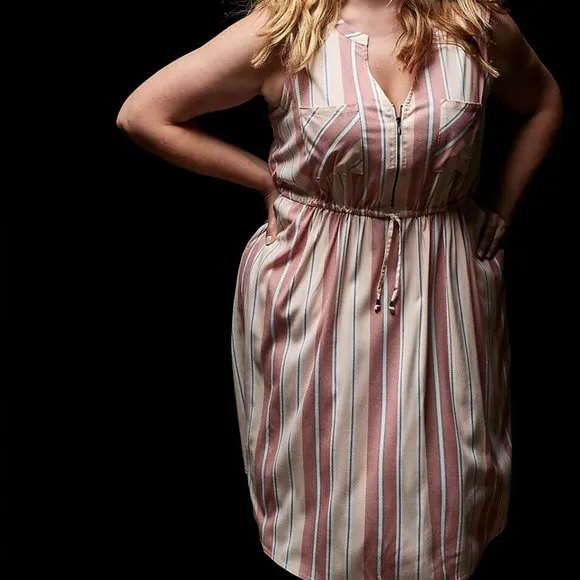 New Torrid Red &amp; Ivory Stripe Challis Zip Front Drawstring Shirt Dress