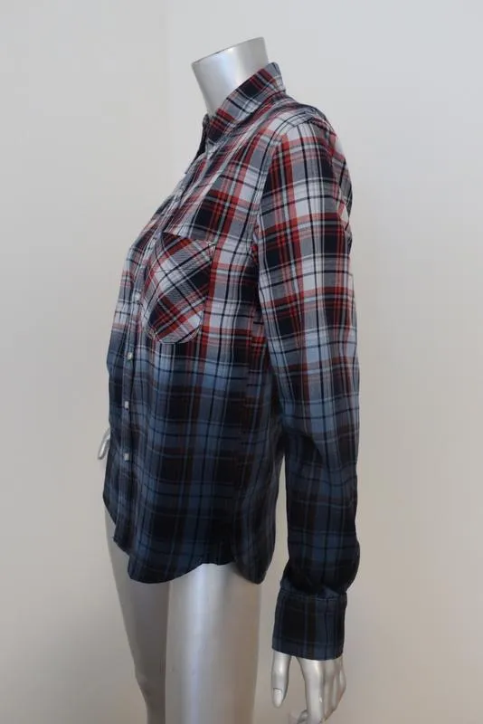 NSF Axel Plaid Button Down Shirt Blue/Red Dip Dye Size Petite Long Sleeve Top