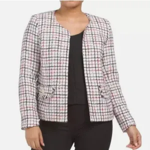 NWOT ANNE KLEIN WHITE PINK TWEED OPEN FRONT CAREER JACKET BLAZER Collarless
