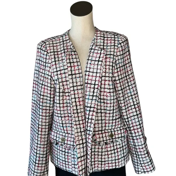 NWOT ANNE KLEIN WHITE PINK TWEED OPEN FRONT CAREER JACKET BLAZER Collarless