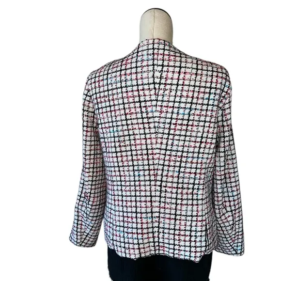 NWOT ANNE KLEIN WHITE PINK TWEED OPEN FRONT CAREER JACKET BLAZER Collarless