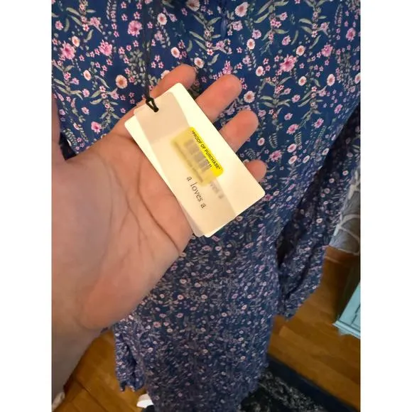 NWT A • Loves • A Blue Floral High Ruffled Neck A-Line Dress Sz. 10