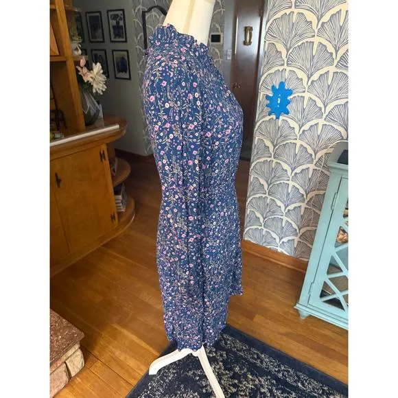 NWT A • Loves • A Blue Floral High Ruffled Neck A-Line Dress Sz. 10