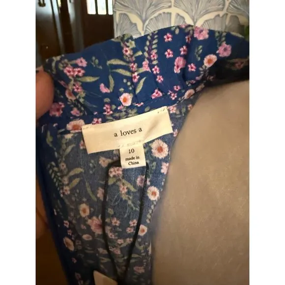 NWT A • Loves • A Blue Floral High Ruffled Neck A-Line Dress Sz. 10