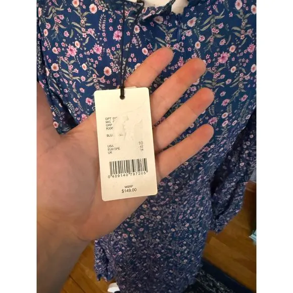 NWT A • Loves • A Blue Floral High Ruffled Neck A-Line Dress Sz. 10