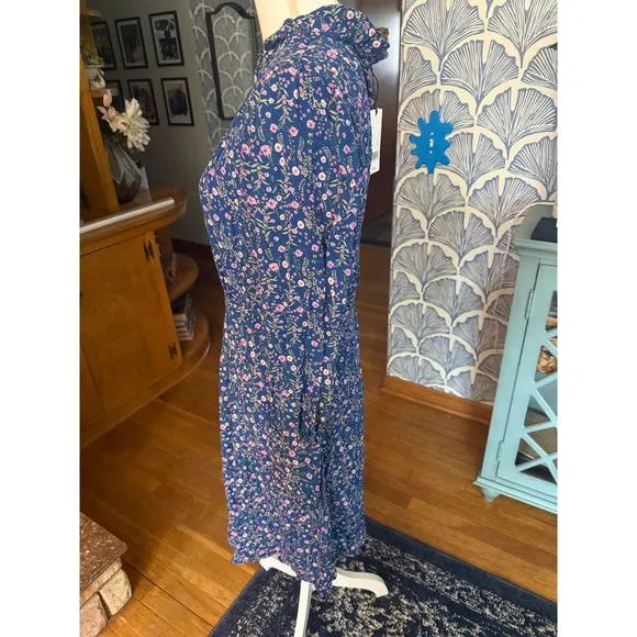 NWT A • Loves • A Blue Floral High Ruffled Neck A-Line Dress Sz. 10