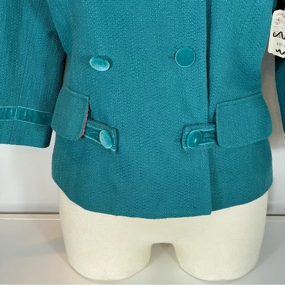 NWT Wendy Hil Lord &amp; Taylor Teal Faux Fur Collar 3/4 Sleeve Blazer Jacket Sz 10