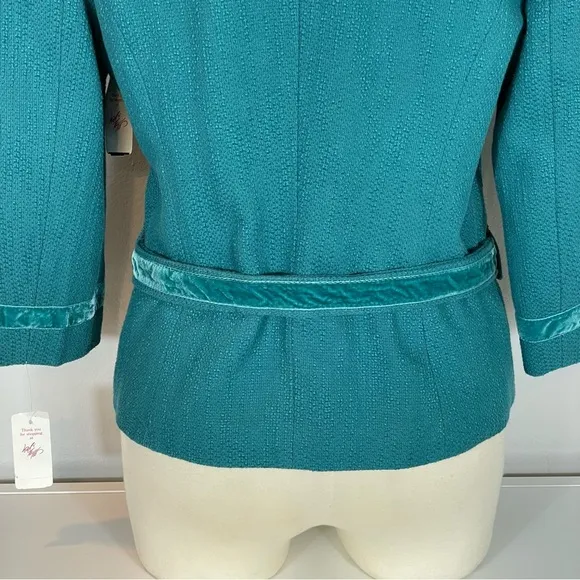 NWT Wendy Hil Lord &amp; Taylor Teal Faux Fur Collar 3/4 Sleeve Blazer Jacket Sz 10