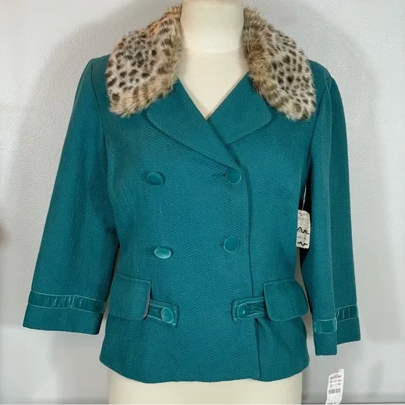 NWT Wendy Hil Lord &amp; Taylor Teal Faux Fur Collar 3/4 Sleeve Blazer Jacket Sz 10