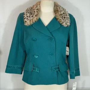 NWT Wendy Hil Lord &amp; Taylor Teal Faux Fur Collar 3/4 Sleeve Blazer Jacket Sz 10