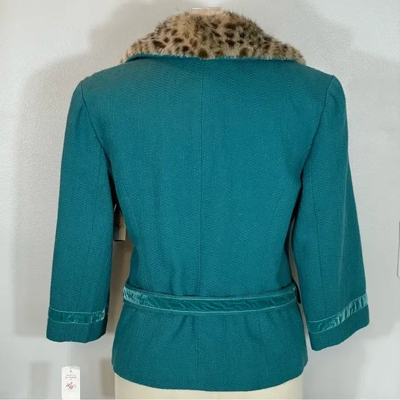 NWT Wendy Hil Lord &amp; Taylor Teal Faux Fur Collar 3/4 Sleeve Blazer Jacket Sz 10