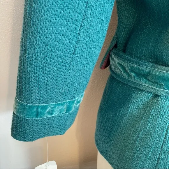 NWT Wendy Hil Lord &amp; Taylor Teal Faux Fur Collar 3/4 Sleeve Blazer Jacket Sz 10