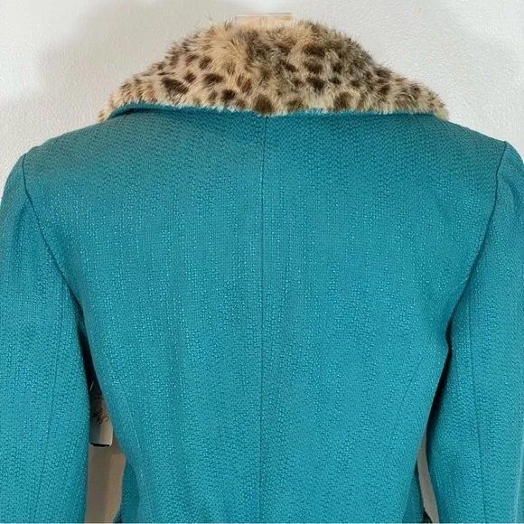 NWT Wendy Hil Lord &amp; Taylor Teal Faux Fur Collar 3/4 Sleeve Blazer Jacket Sz 10