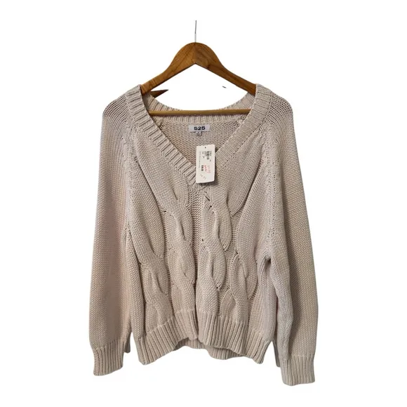 NWT Women's 525 Beige Cream Cable Knit V-Neck Sweater Size M