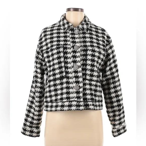 NWT Zara Houndstooth Gingham Tweed Wool Blend Jewel Button Blazer Jacket Sz M