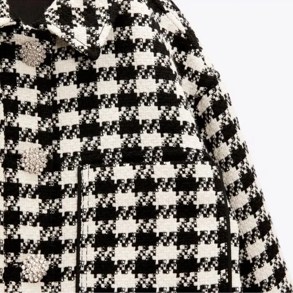 NWT Zara Houndstooth Gingham Tweed Wool Blend Jewel Button Blazer Jacket Sz M