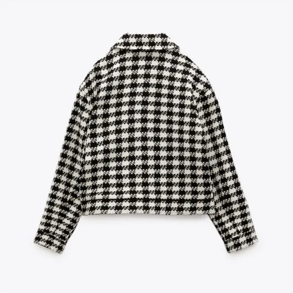 NWT Zara Houndstooth Gingham Tweed Wool Blend Jewel Button Blazer Jacket Sz M