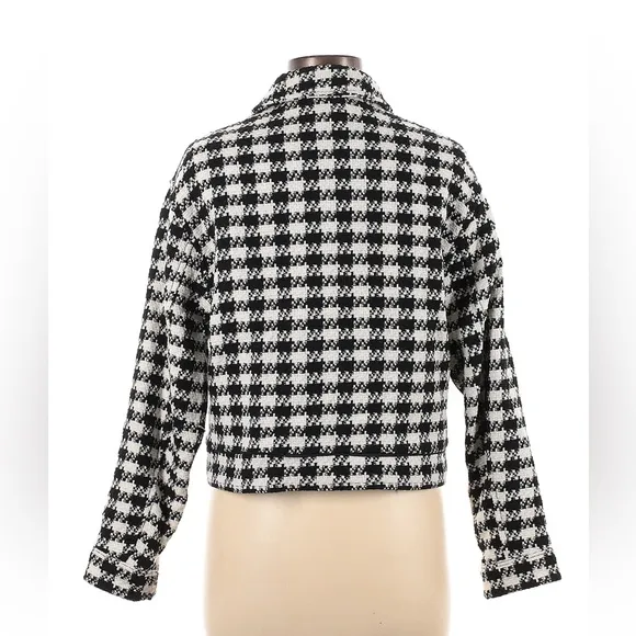 NWT Zara Houndstooth Gingham Tweed Wool Blend Jewel Button Blazer Jacket Sz M