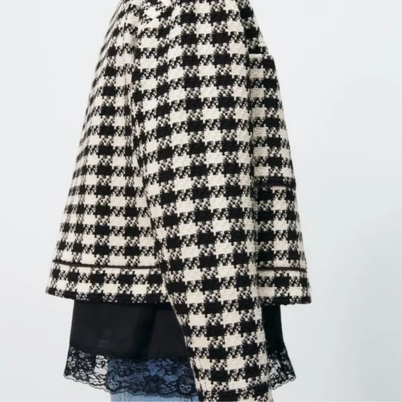 NWT Zara Houndstooth Gingham Tweed Wool Blend Jewel Button Blazer Jacket Sz M