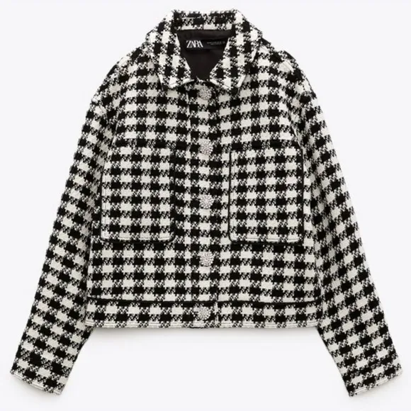 NWT Zara Houndstooth Gingham Tweed Wool Blend Jewel Button Blazer Jacket Sz M