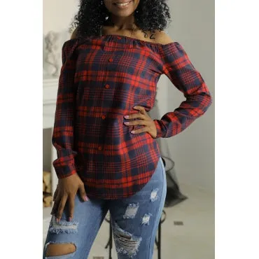 Off Her Shoulders Red/Blue Plaid