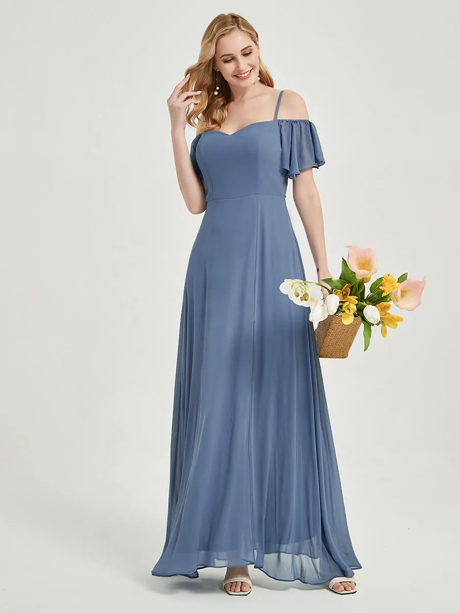 Off-Shoulder Bridal Party Dress Teal A-Line Chiffon Bridesmaid Dress