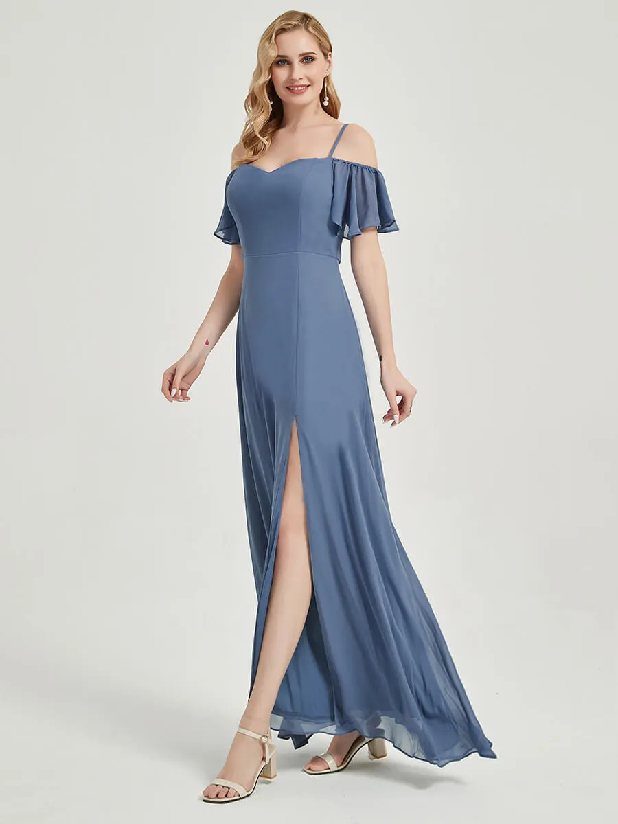Off-Shoulder Bridal Party Dress Teal A-Line Chiffon Bridesmaid Dress